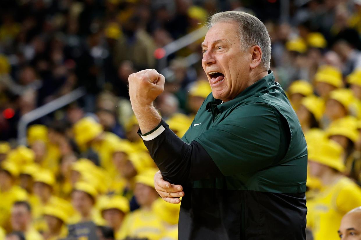 Michigan State Spartans head coach Tom Izzo reacts in the first half against the Michigan Wolverines at Crisler Center in Ann Arbor on Saturday, Feb. 17, 2024.