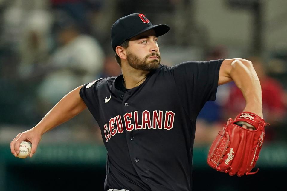 Guardians starting pitcher Cody Morris throws during the first inning against the Rangers in Arlington, Texas, Friday, Sept. 23, 2022.