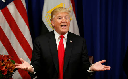 U.S. President Donald Trump speaks during his meeting meets with Egyptian President Abdel Fattah al-Sisi during the U.N. General Assembly in New York, U.S., September 20, 2017. REUTERS/Kevin Lamarque