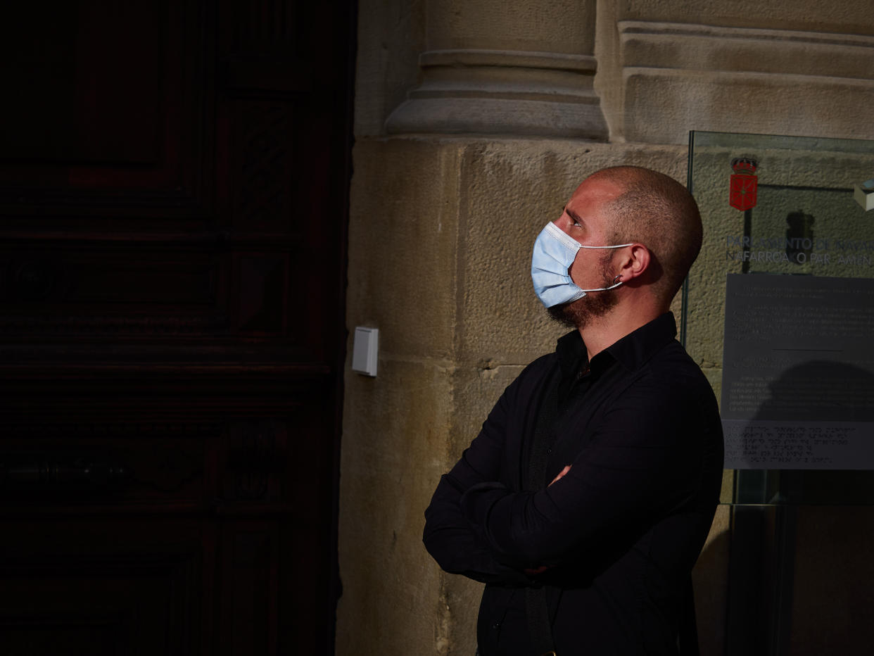 PAMPLONA, SPAIN - MAY 07: A man wearing a surgical mask to protect himself from the coronavirus during the 54th day of the alarm state in Pamplona on May 07, 2020 in Pamplona, Spain. (Photo by Eduardo Sanz/Europa Press via Getty Images)