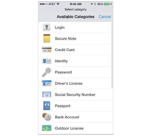 1Password Available Categories screen
