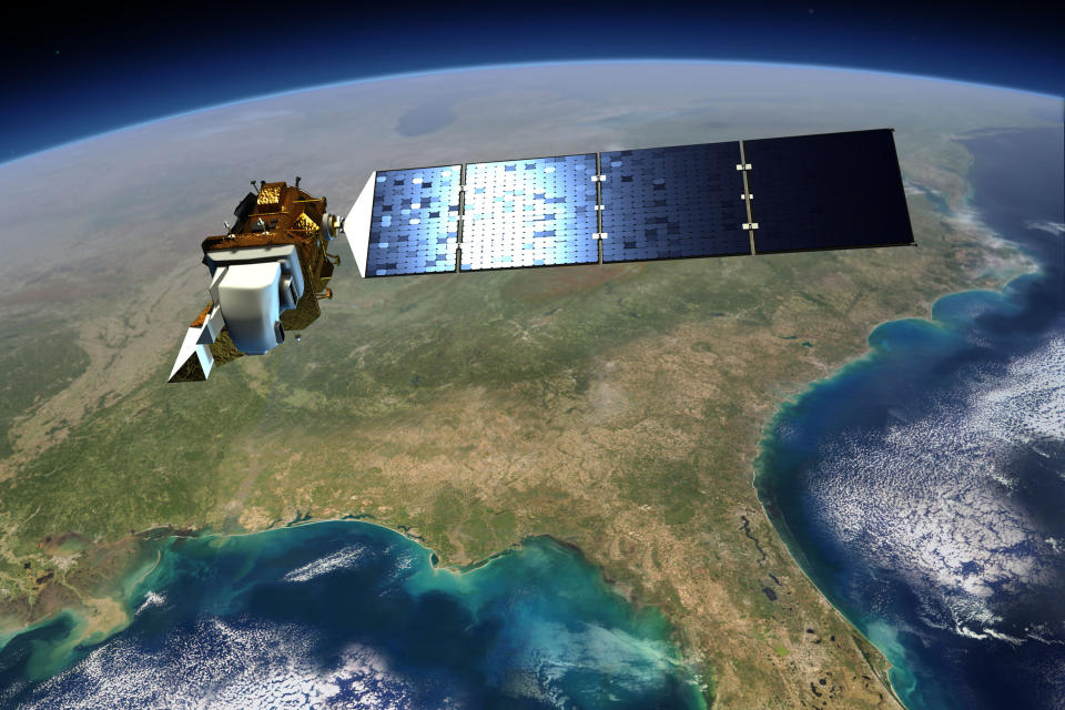 An artist's conception of the Landsat Data Continuity Mission, the eighth satellite in the long-running Landsat program, flying over the U.S. Gulf Coast. (NASA)