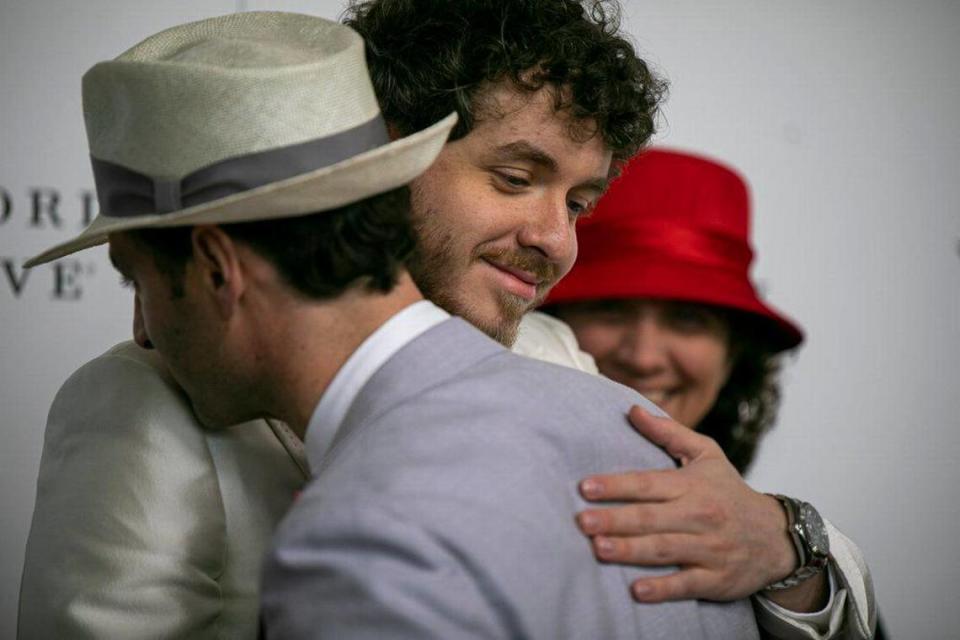 Rapper Jack Harlow walks the red carpet at Churchill Downs in Louisville, Ky., Saturday, May 7, 2022. The Louisville rapper is set to make the “Riders Up!” call, the indicator for jockeys to mount their horses ahead of the big race.