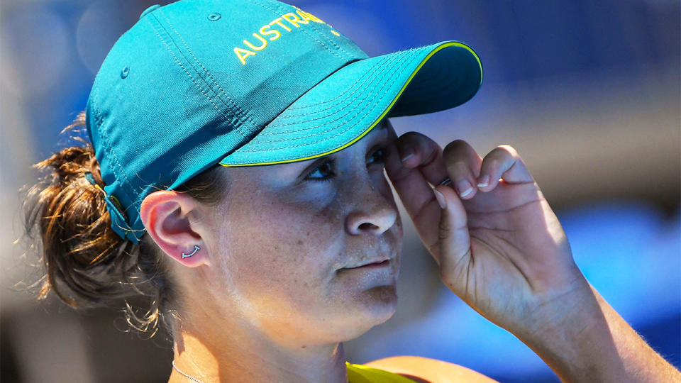 Ash Barty looking frustrated during the Tokyo Olympics tennis.