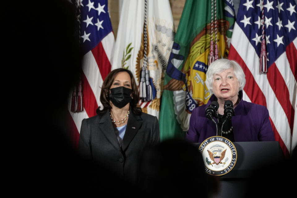 WASHINGTON, DC - SEPTEMBER 15: (L-R) Vice President Kamala Harris looks on as Treasury Secretary Janet Yellen  speaks during an event at the U.S. Department of the Treasury on September 15, 2021 in Washington, DC. The event focused on the Biden administration's proposed investments in childcare. (Photo by Drew Angerer/Getty Images)