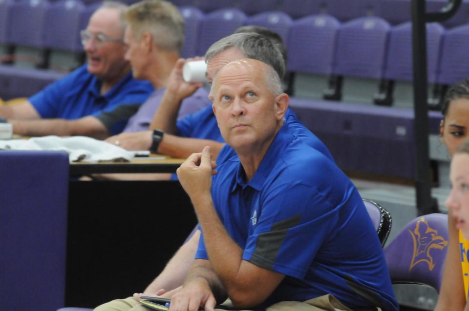 Washburn Rural coach Kevin Bordewick coaches during the KBCA All-Star Game Saturday, June 18, 2022 at Mabee Arena in Salina.