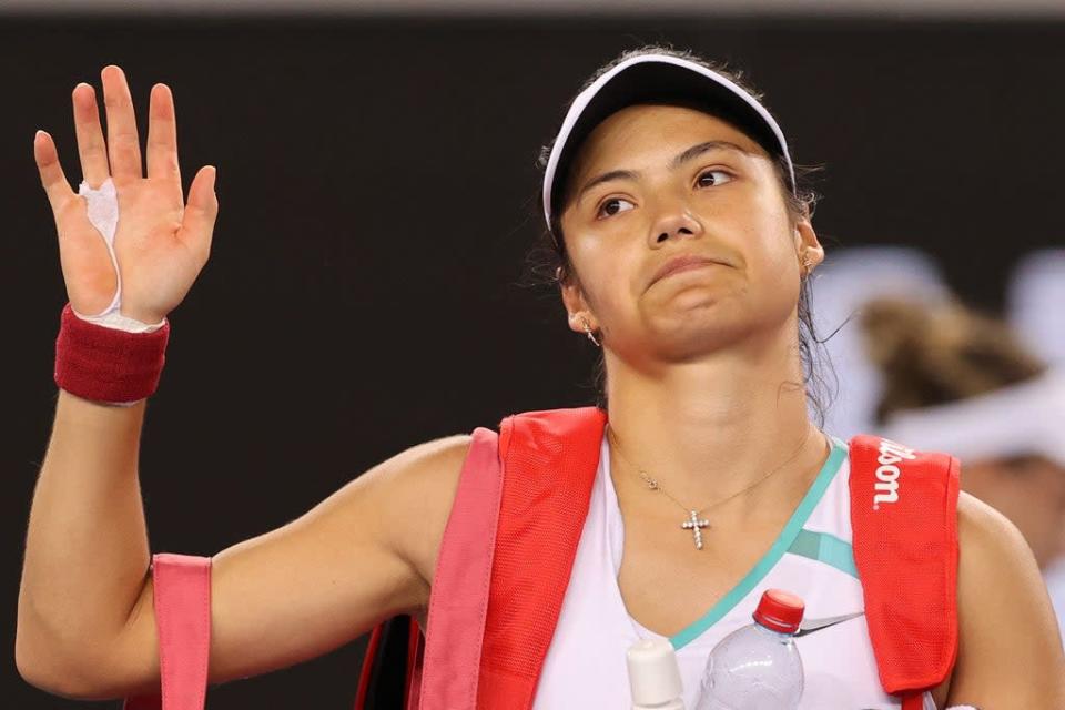 Emma Raducanu waves after losing to Danka Kovinic (AFP)