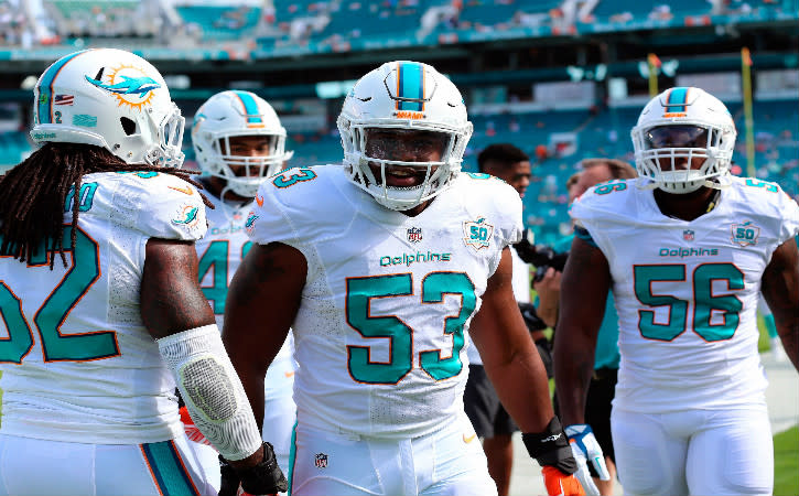 Dec 27, 2015; Miami Gardens, FL, USA; Miami Dolphins outside linebacker Jelani Jenkins (53) prior to a game against the Indianapolis Colts at Sun Life Stadium. The Colts won 18-12. Mandatory Credit: Steve Mitchell-USA TODAY Sports