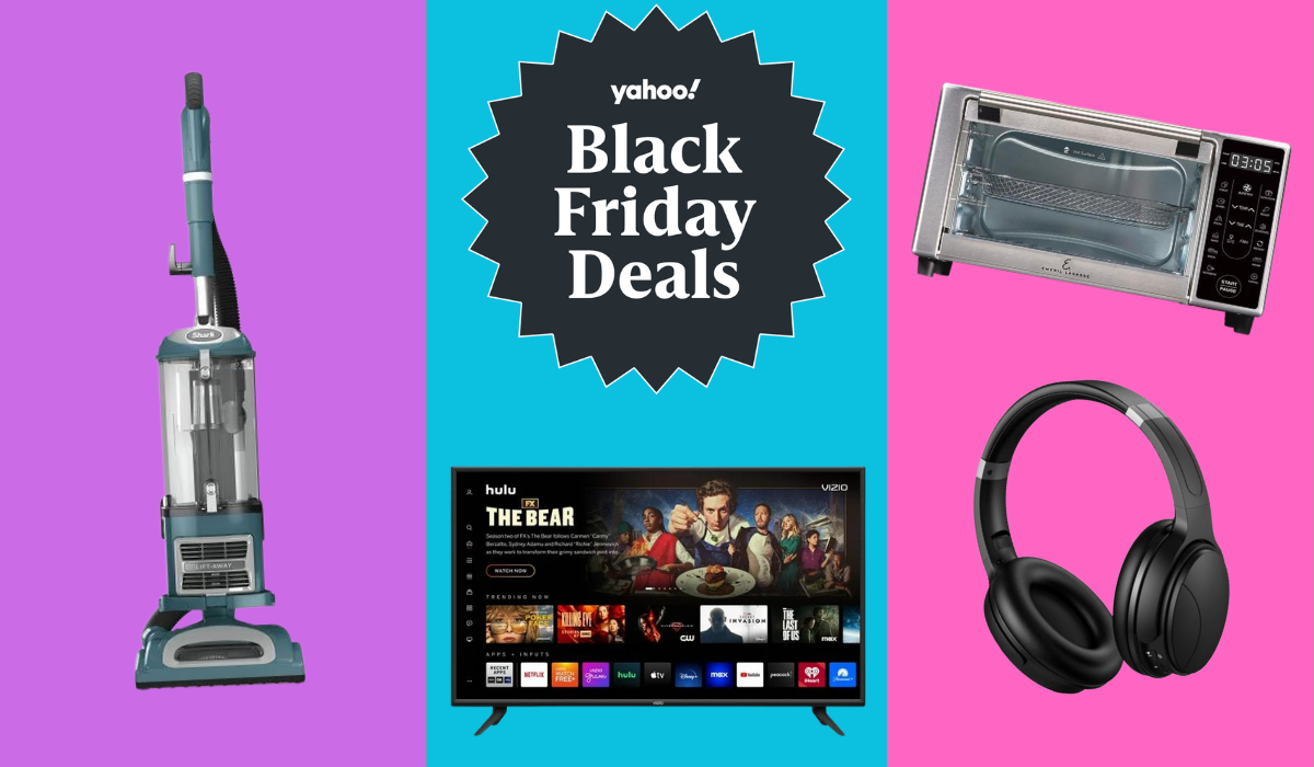 Standing vacuum, smart TV, over-ear headphones, and toaster oven, along with a graphic reading: Yahoo Black Friday Deals.