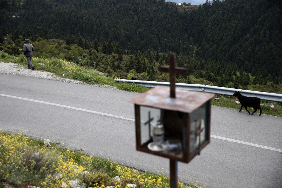 In this Tuesday, May 14, 2019, photo a shepherd walks in Kerasohori village at Evrytania region, in central Greece. The area, a winding, three-hour drive from Athens, has the oldest population in the whole European Union, 54.3 on average. (AP Photo/Thanassis Stavrakis)