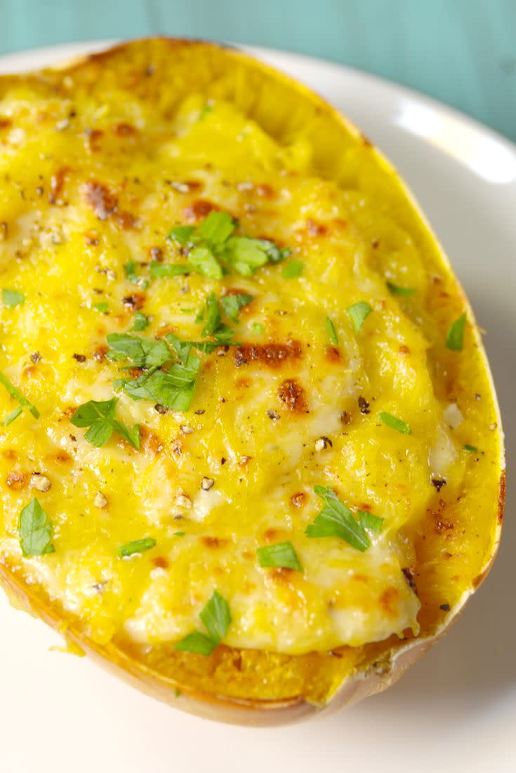 <p>You can top <a href="https://www.delish.com/cooking/g3001/spaghetti-squash/" rel="nofollow noopener" target="_blank" data-ylk="slk:spaghetti squash;elm:context_link;itc:0;sec:content-canvas" class="link ">spaghetti squash</a> however you like, but for a vegetarian, wheat-free meal we love using ALL the cheese. This one is delicious, thanks to a blend of mozzarella, provolone, Parmesan, <em>and</em> fontina.</p><p>Get the <strong><a href="https://www.delish.com/cooking/recipe-ideas/recipes/a48265/four-cheese-spaghetti-squash-recipe/" rel="nofollow noopener" target="_blank" data-ylk="slk:Four-Cheese Spaghetti Squash;elm:context_link;itc:0;sec:content-canvas" class="link ">Four-Cheese Spaghetti Squash</a></strong> <strong><a href="https://www.delish.com/cooking/recipe-ideas/recipes/a48265/four-cheese-spaghetti-squash-recipe/" rel="nofollow noopener" target="_blank" data-ylk="slk:recipe;elm:context_link;itc:0;sec:content-canvas" class="link ">recipe</a></strong>.</p>