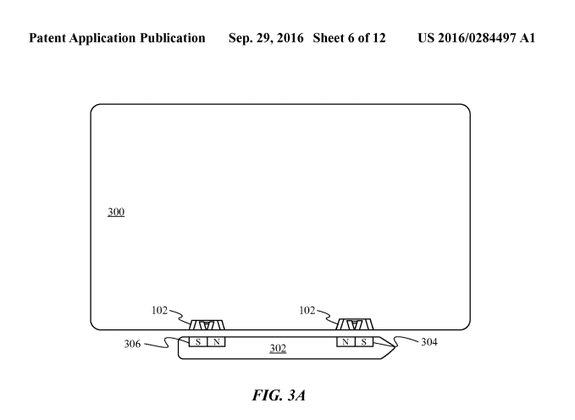 A patent illustration for a way to connect a stylus to a tablet using magnetic connectors.