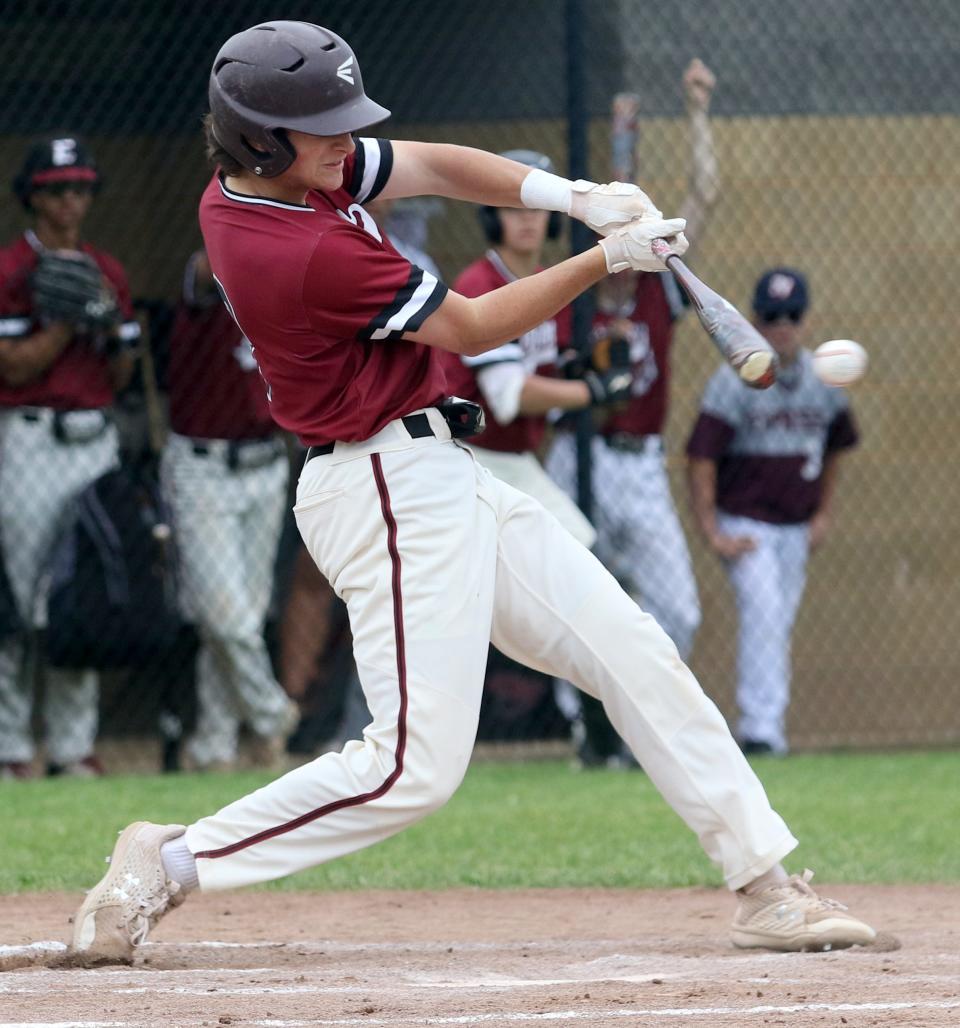 Elmira's Trevor Morrell connects with the ball during a 5-4 win over Corning in a Section 4 Class AA baseball semifinal May 20, 2022 at Corning-Painted Post High School.