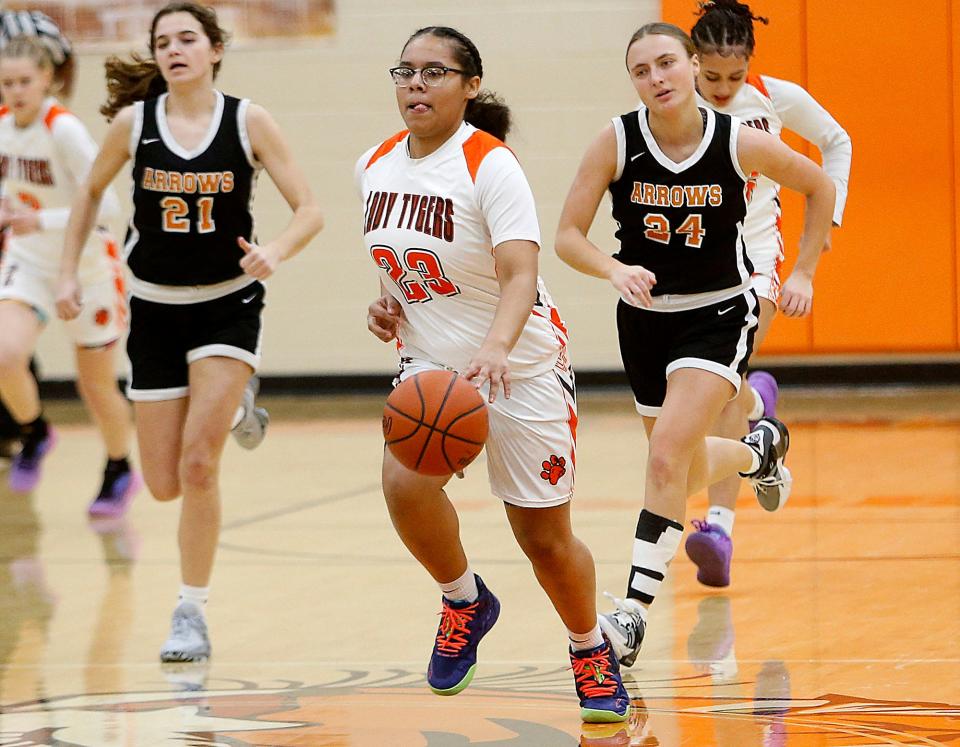 Mansfield Senior High School's Kiersten Bradley (23) brings the ball down court against Ashland High School during girls high school basketball at Mansfield Senior High School Thursday, Feb. 2, 2023. TOM E. PUSKAR/ASHLAND TIMES-GAZETTE