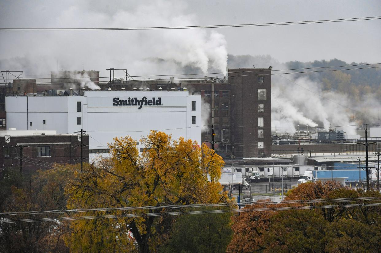 Plumes of steam rise from the Smithfield meat packing plant on Wednesday, October 27, 2021, in Sioux Falls.