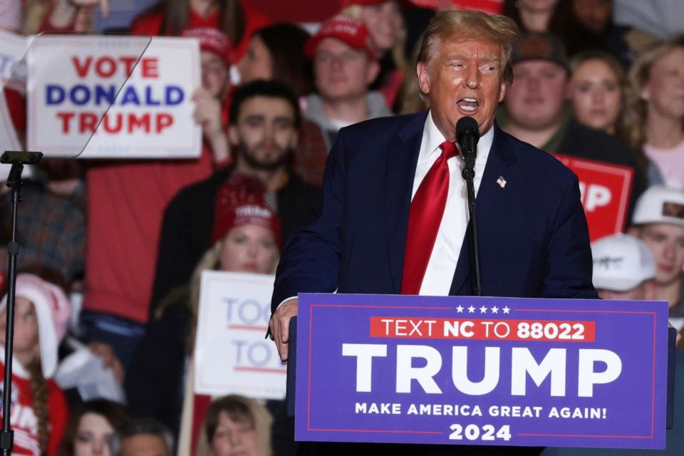 PHOTO: In March 2, 2024, file photo, Republican presidential candidate and former President Donald Trump speaks during a campaign event at Greensboro Coliseum, in Greensboro, North Carolina. (Alex Wong/Getty Images, FILE)