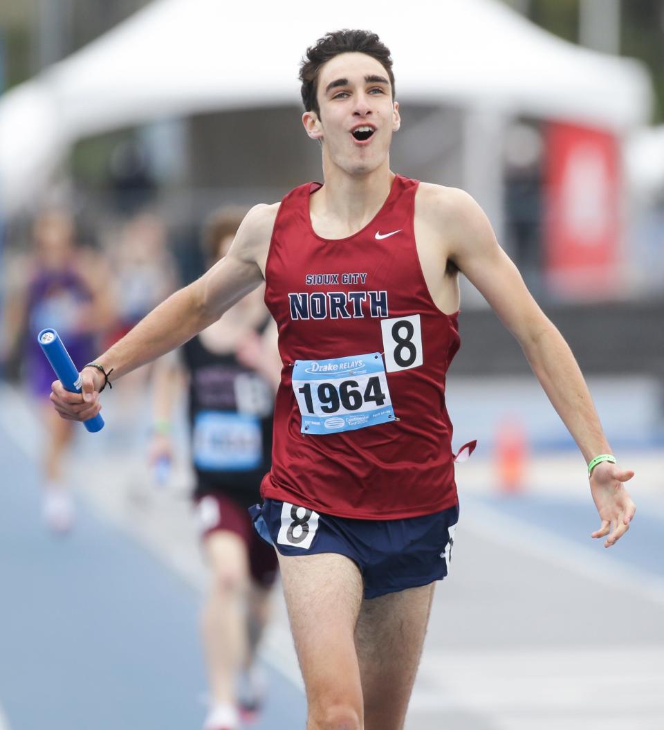 Sioux City North's Gabe Nash celebrates winning the 4x800 during the 112th annual Drake Relays at Drake Stadium Saturday, April 30, 2022 in Des Moines.