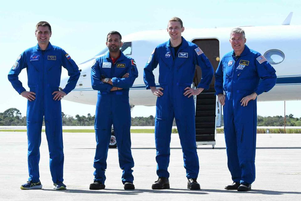 <p>Paul Hennessy/Getty Image</p> (L-R) Russian cosmonaut Andrey Fedyaev, Sultan Al Neyadi of the United Arab Emirates, and NASA astronauts, Pilot Warren Hoburg, and Mission Commander Stephen Bowen pose after arriving at the Kennedy Space Center on February 21, 2023 in Cape Canaveral, Florida. 