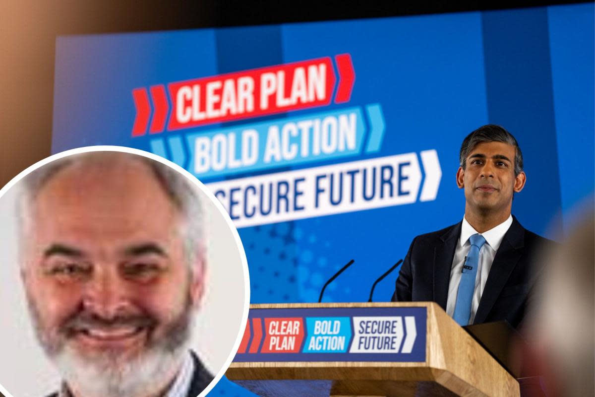 Prime Minister Rishi Sunak launching the Conservatives' manifesto and inset, Coun Nick Mason <i>(Image: Conservative Party / Flickr; Herefordshire Council)</i>