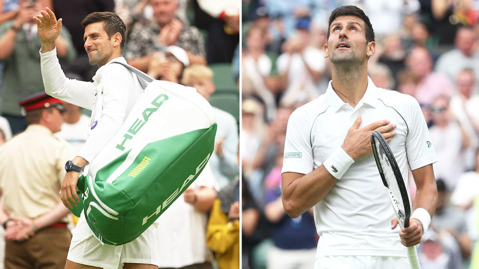 Pictured here, Novak Djokovic thanks fans after his first round win at Wimbledon.