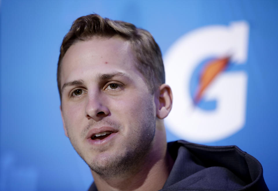 Los Angeles Rams' Jared Goff answers a question during Opening Night for the NFL Super Bowl 53 football game Monday, Jan. 28, 2019, in Atlanta. (AP Photo/Matt Rourke)