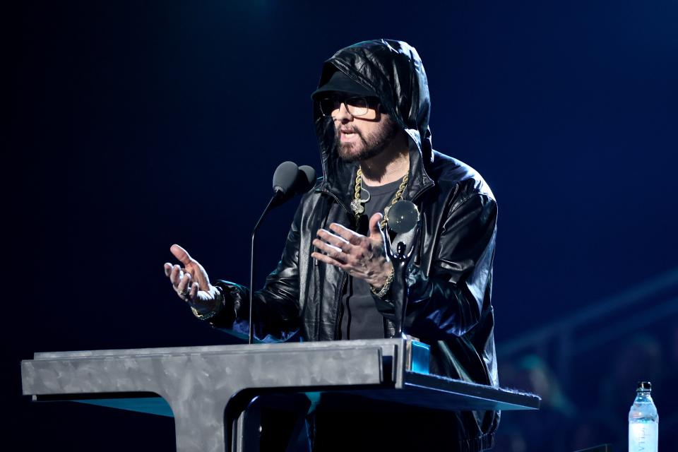 Eminem speaks onstage during the 37th Annual Rock & Roll Hall of Fame Induction Ceremony at Microsoft Theater on Nov. 5, 2022 in Los Angeles, California.