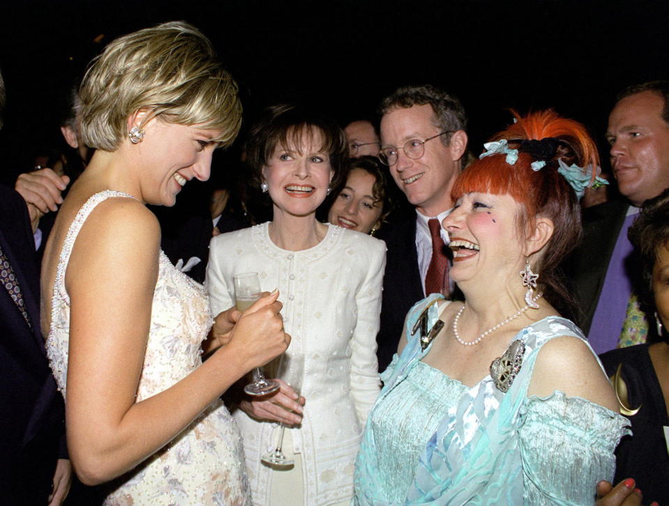 NEW YORK, UNITED STATES - JUNE 23:  Diana, Princess Of Wales, At Christies In New York For A Preview Party For "dresses, From The Collection Of Diana, Princess Of Wales".  She Is Laughing With Designer Zandra Rhodes, Two Of Whose Designs Are In The Auction. She Is Wearing A Dress By Fashion Designer Catherine Walker.  (Photo by Tim Graham Photo Library via Getty Images)