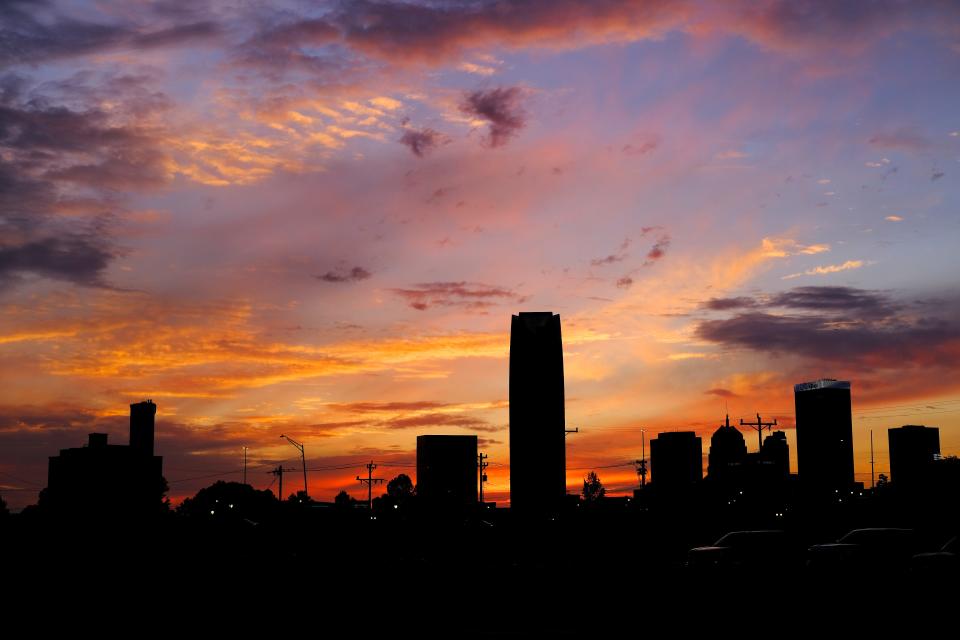 Oklahoma City skyline at sundown from the Boathouse District on the day of summer solstice, Thursday, June 20, 2024.