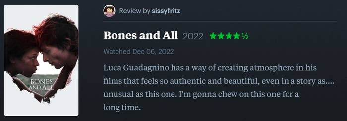 4.5 star Letterboxd review for "Bones And All"