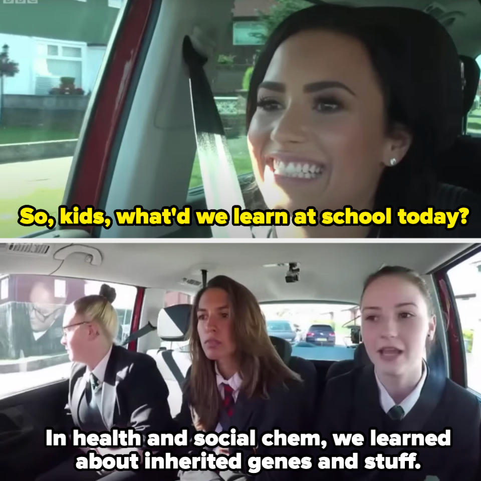 Demi Lovato is driving while three teens in school uniforms sit in the back seat. Demi says, "So, kids, what'd we learn at school today?" A student says, "In health and social chem, we learned about inherited genes and stuff."