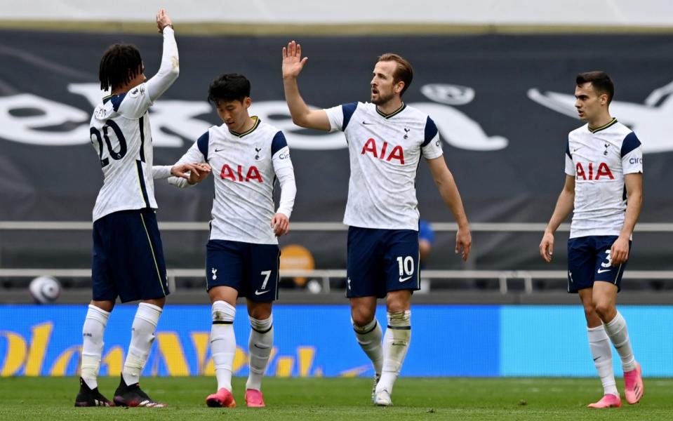 Harry Kane celebrates after making it 1-0 to Spurs on the stroke of half time - REUTERS