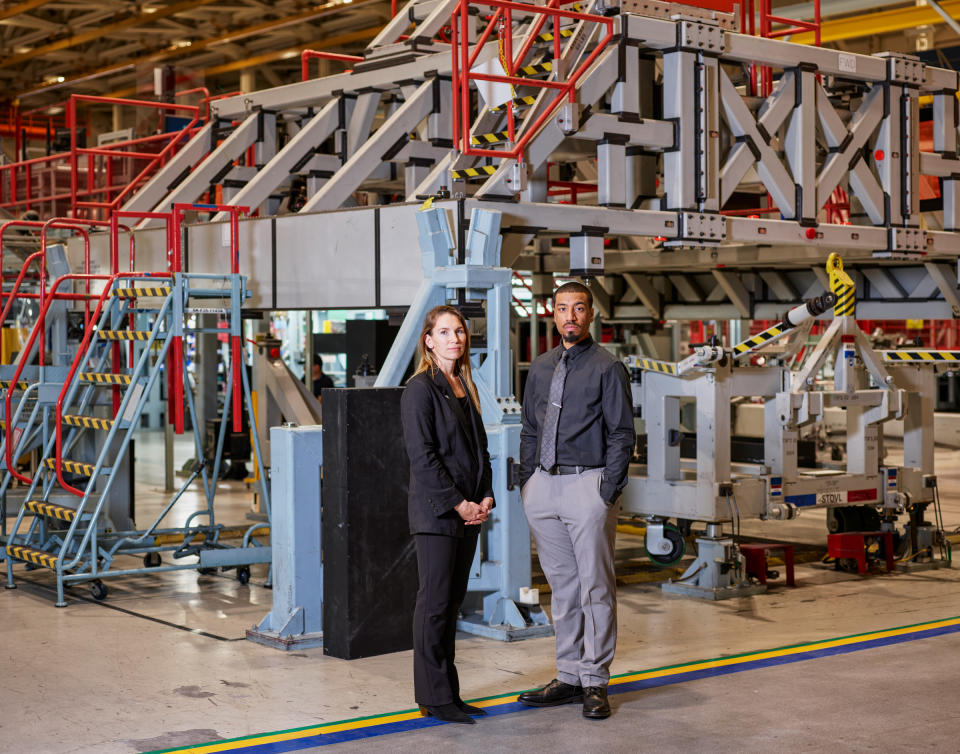 Jessi Ross, a program director, and Hassan Charles, a surface technician, are among 5,000 employees at Northrop Grumman now working on the B-21 bomber.<span class="copyright">Christopher Payne for TIME | A small portion of this image was removed for security purposes.</span>