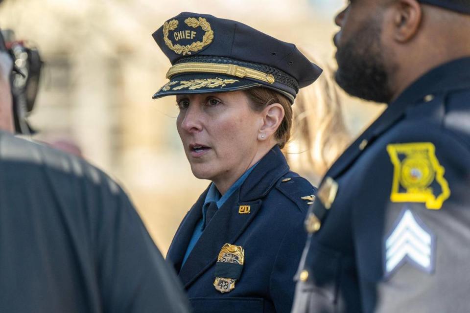 Kansas City Police Chief Stacey Graves attends a memorial service for Drexel Mack, a civil process officer with Jackson County courts who was shot and killed during an eviction, at the Jackson County Courthouse on Monday, March 11, 2024, in Kansas City.