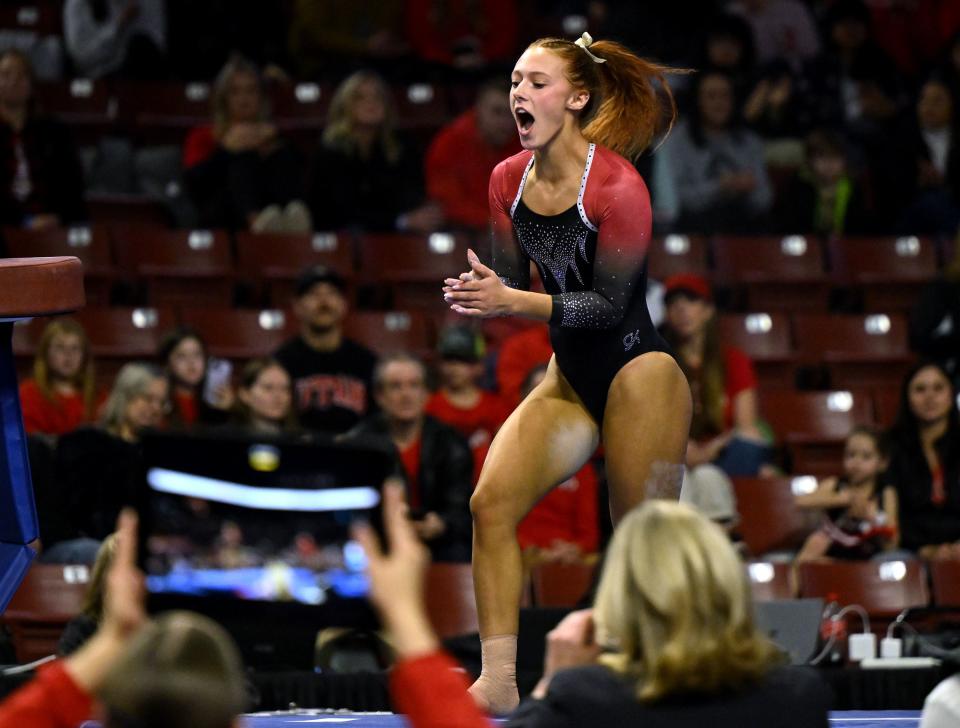 SUU’s Taylor Gull, celebrates after her vault as BYU, Utah, SUU and Utah State meet in the Rio Tinto Best of Utah Gymnastics competition at the Maverick Center in West Valley City on Monday, Jan. 15, 2024. | Scott G Winterton, Deseret News