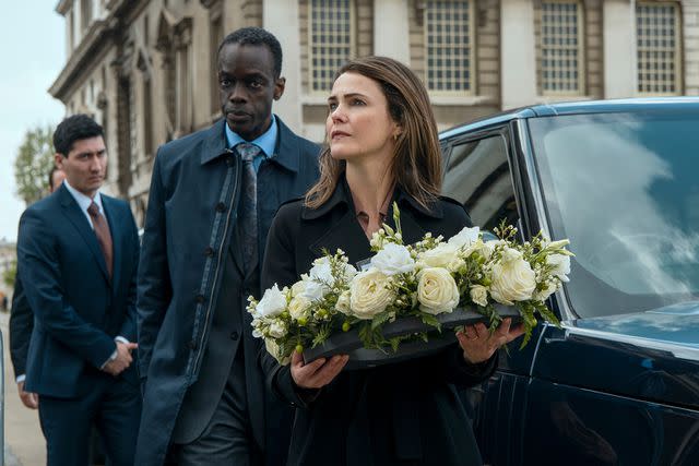 <p>Alex Bailey/Netflix</p> From left: Kenichiro Thomson, Ato Essandoh, and Kerri Russell on 'The Diplomat'