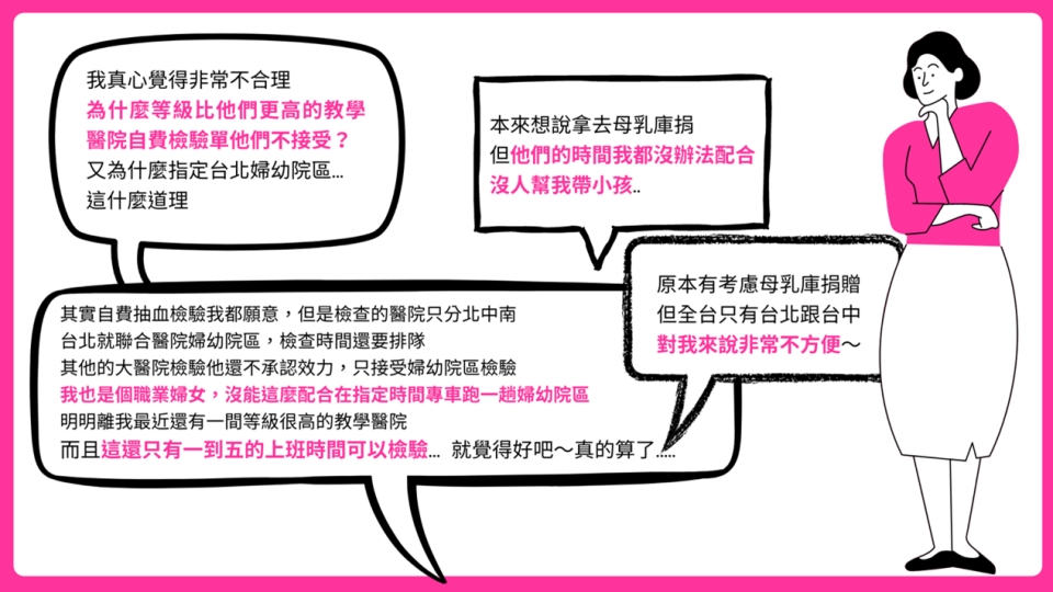 從DCARD與PTT整理網友討論捐贈母乳時，最常遇到「時間無法配合」及「檢驗地點不便」問題。《菱傳媒》整理