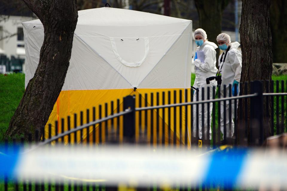 A Police tent at Rawnsley Park near to the scene in the St Philips area of Bristol where a 16-year-old boy has died after being stabbed on Wednesday evening (PA)