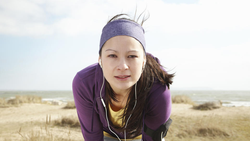 How not to bonk: A runner wearing a headband at the beach
