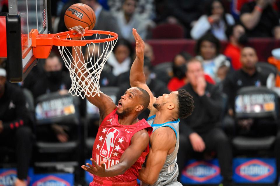 Giannis Antetokounmpo blocked the dunk attempt of his Bucks teammate Khris Middleton in the fourth quarter during the 2022 NBA All-Star Game on Feb. 20 at Rocket Mortgage FieldHouse.