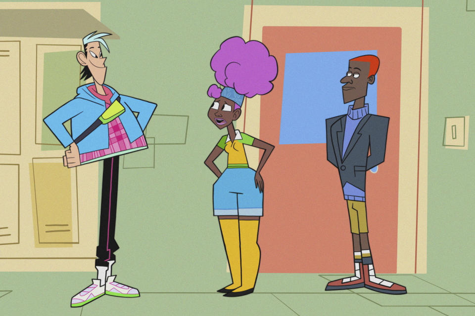 This image released by Max shows animated characters Confucius, voiced by Kelvin Yu, left, Harriet Tubman, voiced by Ayo Edebiri, center, and Toussaint Louverture, voiced by Jermaine Fowler, in a scene from "Clone High." (Max via AP)