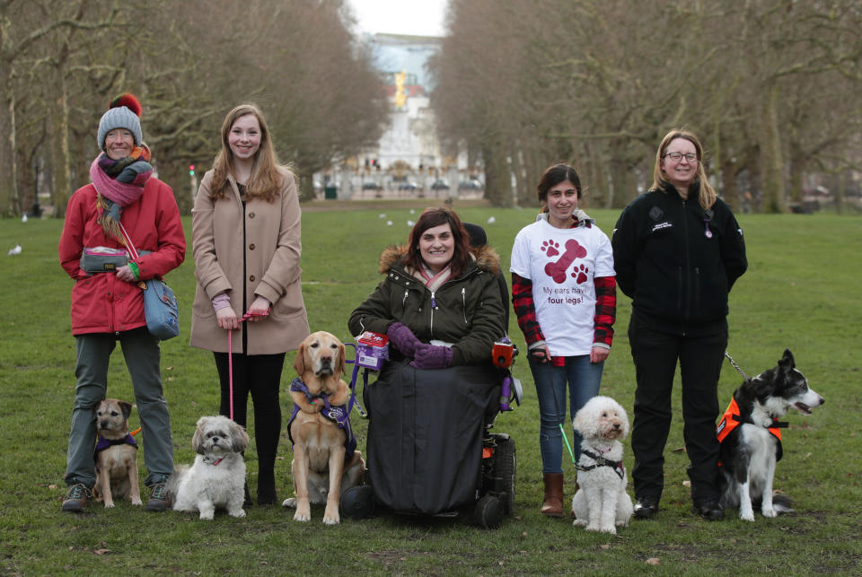 <p>(Left to right) Vanessa Holbrow, 47, from Burnham on Sea in Somerset, with her Border Terrier Sir Jack Spratticus; Hannah Gates, 19, from Hazlemere in Buckinghamshire, with her Shih Tzu Buttons; Clare Syvertsen, 29, from Notholt in London, with her Labrador/Golden Retriever cross Griffin; Sarah Mohammadi, 14, from Hayes in west London, with her Cocker Spaniel/Poodle cross Waffle, and Gayle Wilde, 39, from Kilsyth in Lanarkshire, with her Border Collie Taz, during a photocall by The Kennel Club in Green Park, London, to announce the finalists for the Crufts dog hero competition, Friends for Life 2018. (PA) </p>