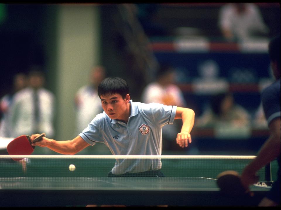 HHEI C HUANG OF TAIPEI about to hit the ball in a table tennis match at the 1988 Olympics.