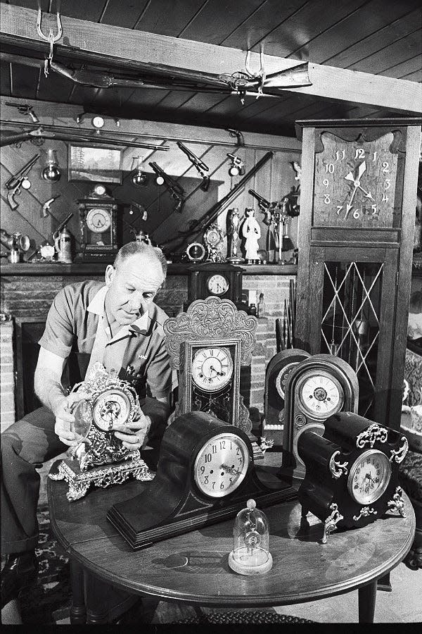 J. H. McQuain sets one of his 25 antique clocks to daylight saving time in his Fort Collins home on April 21, 1966. After previously being known as "war time," the U.S. went back to a national daylight saving time thanks to the Uniform Time Act of 1966.