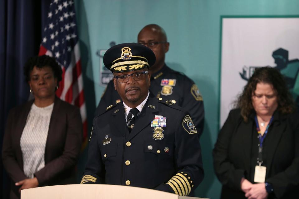 Detroit Police Chief James White speaks at a news conference at Detroit Public Safety Headquarters on Monday, May 15, 2023.