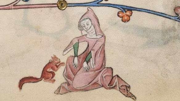 A depiction of a medieval woman playing with a red squirrel wearing a belled collar