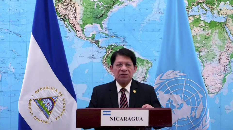 El canciller de Nicaragua Denis Moncada se dirige a la Asamblea General de Naciones Unidas el martes 29 de septiembre del 2020. (UNTV via AP)