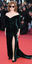 <p>The <em>Feud </em>star arrived at the premiere of <em>Ismael's Ghosts</em> in a custom Alberta Ferretti off-the-shoulder deep green velvet gown with a thigh-high slit, Stella Luna heels, and Chopard jewelry.</p>