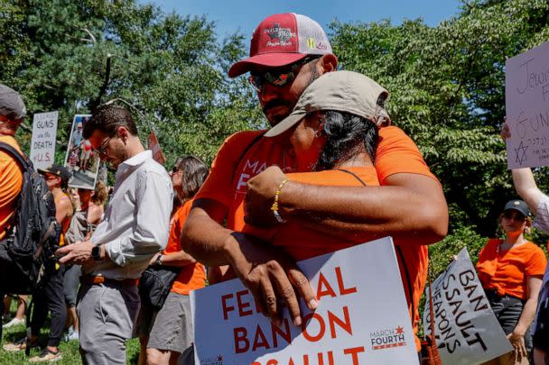 PHOTO: Kimberly and Felix Rubio console one another after speaking about their daughter Lexi Rubio during the March Fourth rally against assault weapons on Capitol Hill in Washington, July 13, 2022. (Jonathan Ernst/Reuters)