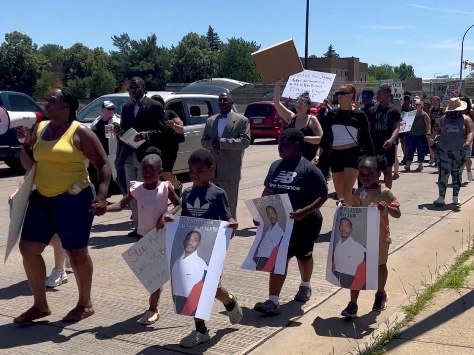 Demonstrators protest demanding justice for Jayland Walker, a Black man who was shot and killed by police, in Akron, Ohio, U.S., July 2, 2022, in this screen grab taken from a social media video.