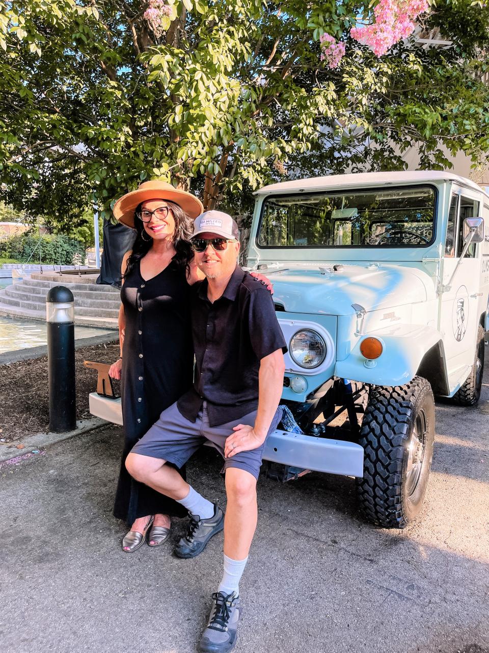 Olmsted Beverage Company owners Jennifer and Chas Olmsted take a moment to pose with their 1967 Land Cruiser at an event for 850 guests at World’s Fair Park, Aug. 13, 2020.